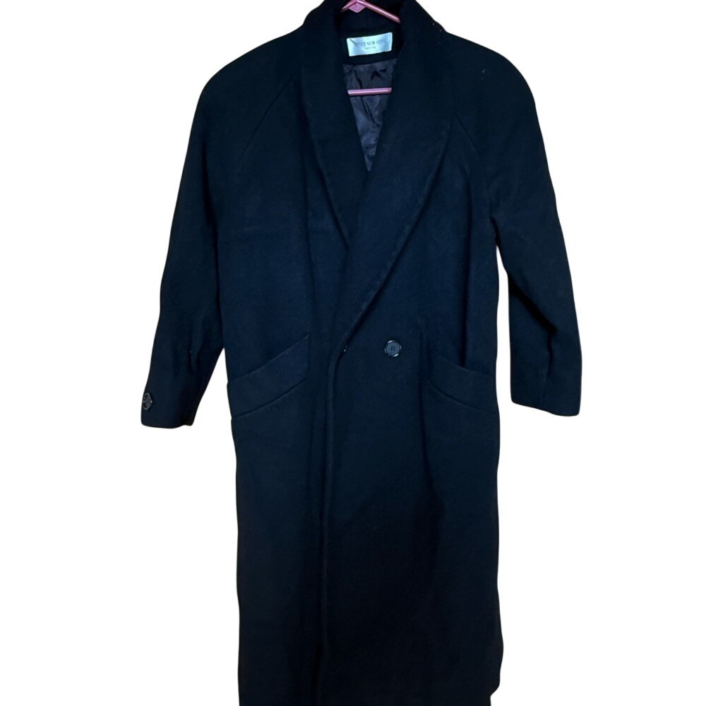 Jones New York Petite Black Pure Wool Long Overcoat Shawl Collar‎ Vintage Coat